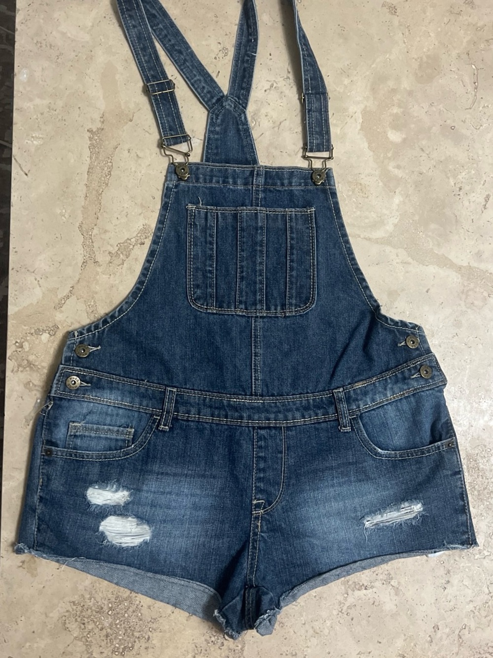 Mudd Dark Blue Distressed Denim Short Overalls